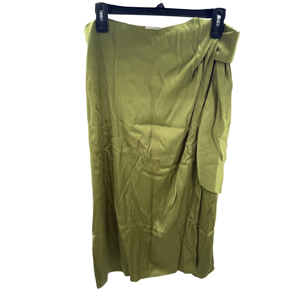 Club Monaco Olive Green Satin Wrap Midi Skirt Side Zip & Tie Lined Size 12 New